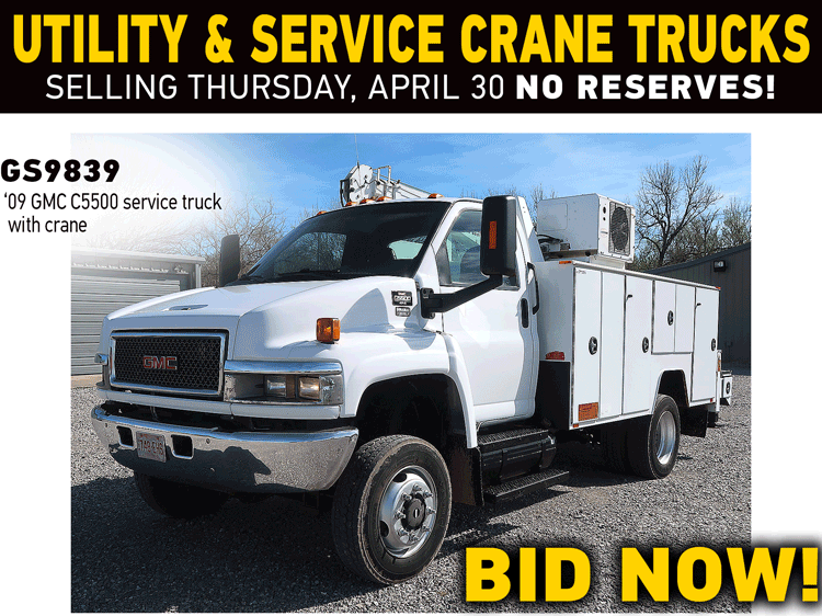Utility and service crane trucks selling April 30